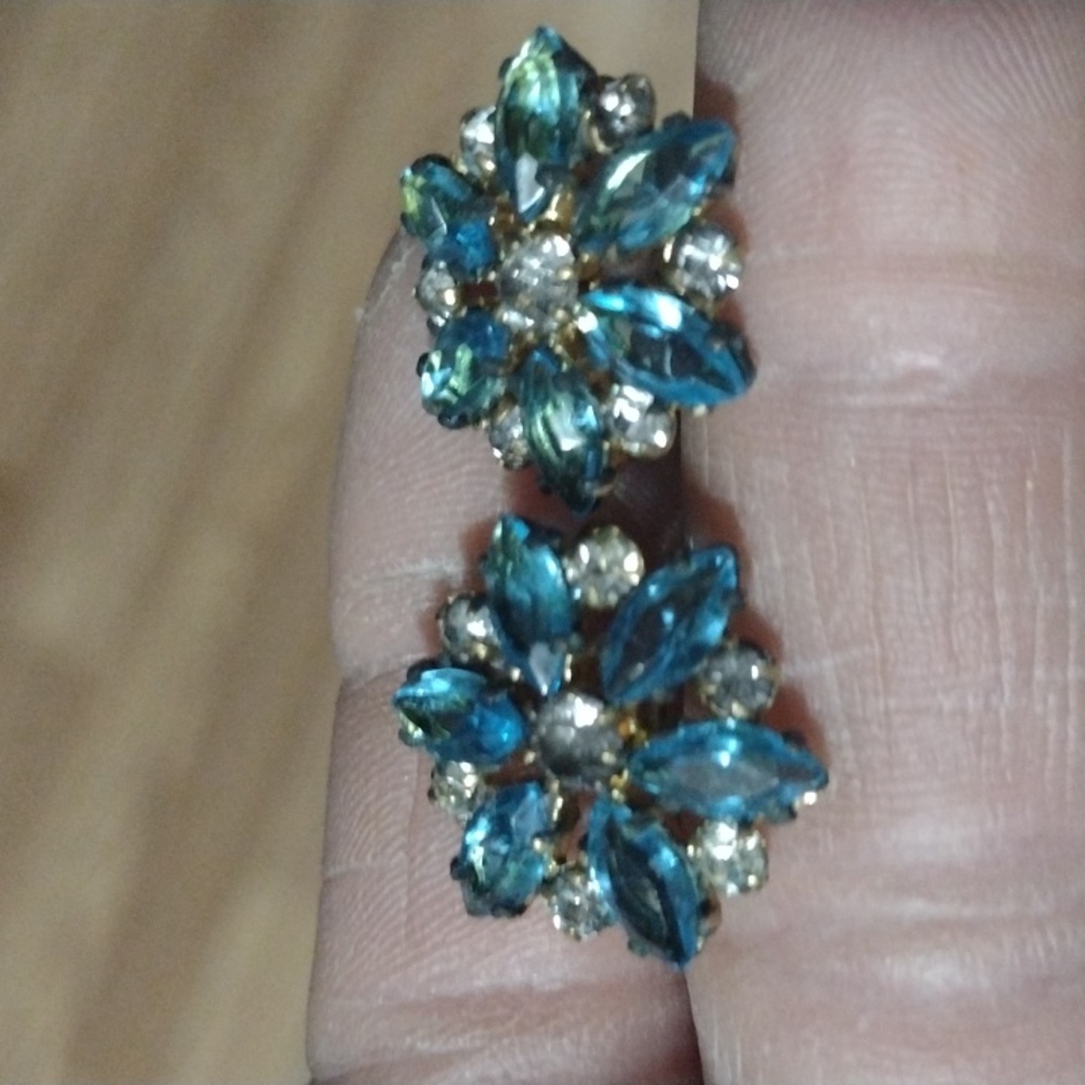 VINTAGE 30s CZECH FLORAL BOHEMIAN GLASS STONE BRASS SCREWBACK 1" EARRINGS - Picture 4 of 9